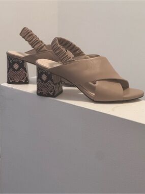 Cole Haan Tan Crossband Slingback Sandals with Snakeskin Block Heel